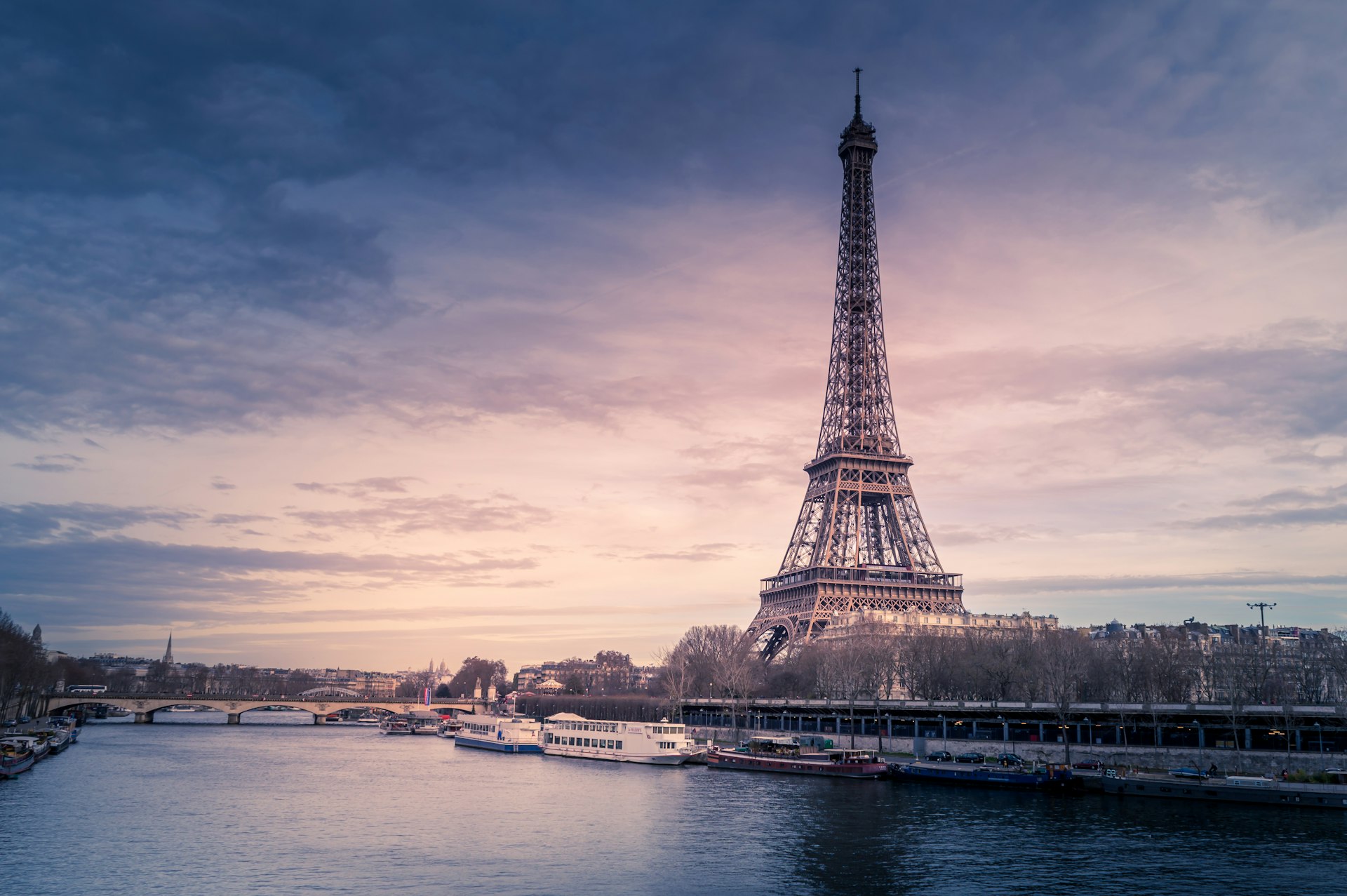 The Eiffel Tower and the Seine at dusk, Paris