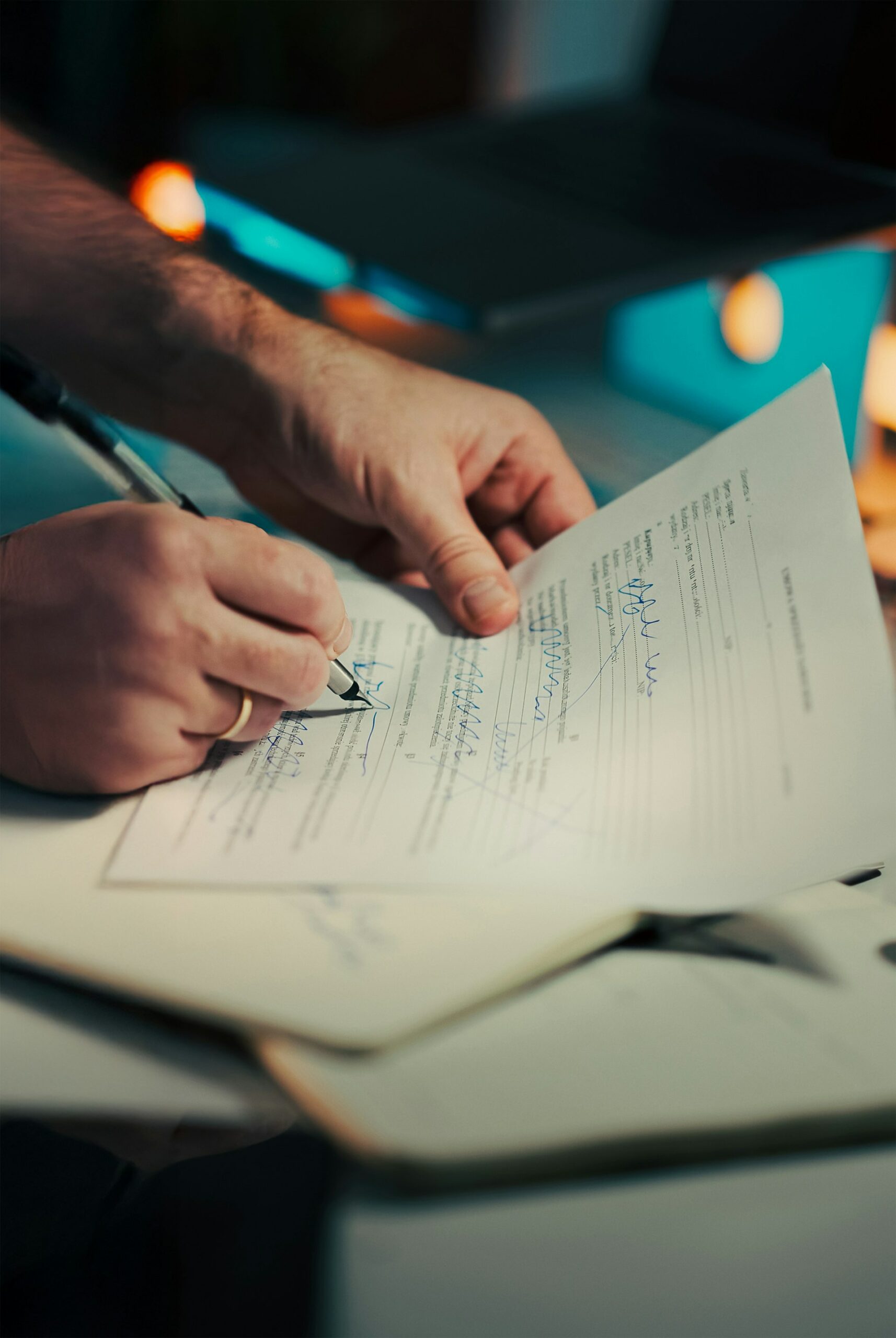 Signing a legal document at a desk